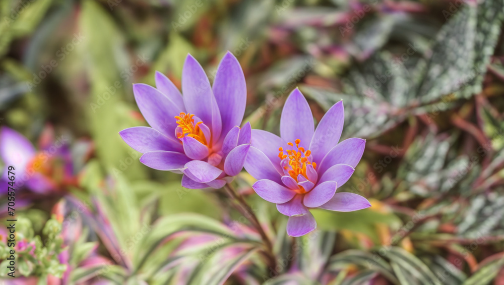 Fototapeta premium Beautiful violet flowers among the forest vegetation.