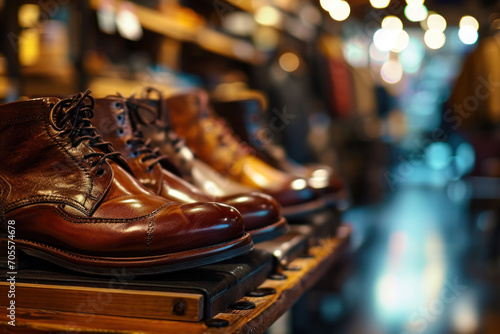 A variety of fashionable leather footwear displayed in a stylish boutique, offering elegance and modern choices.