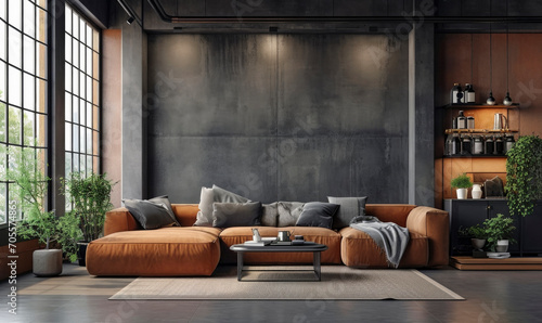 Industrial and loft living room interior with concrete wall, sand brown sofa, modern armchair, simple black coffee table, sand brown, books and personal accessories. photo
