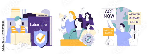 Social equity set. Civil society teamwork, environmental activism, and community engagement for better future and equal opportunities. Diversity and inclusion. Flat vector illustration