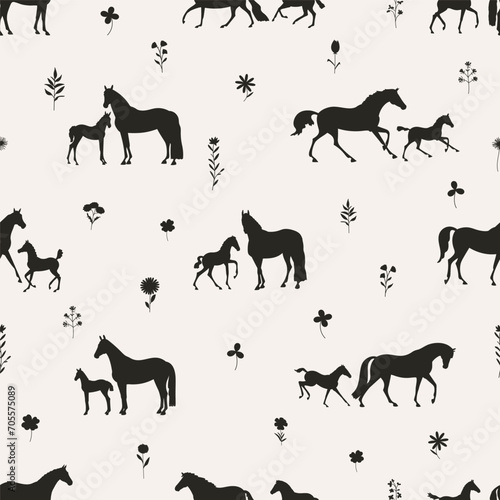 Seamless vector pattern, a herd of horses walking in a field