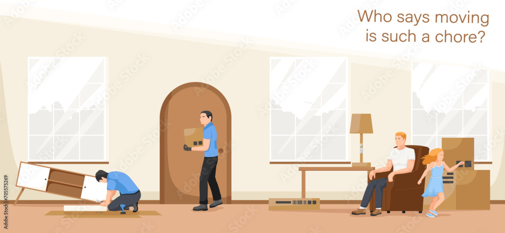 Housewarming and removal. Cartoon flat interior, worker moving furniture and installing in new house. Home relocating, apartment movement. Indoor property relocation. Vector illustration