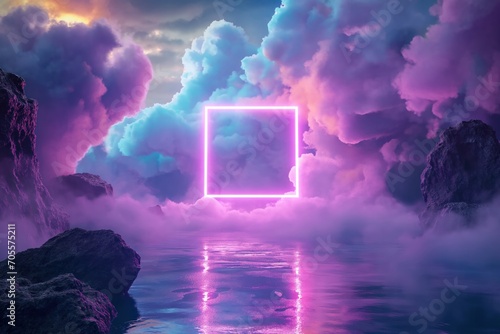 glowing ethereal neon square geometric shape in clouds with water reflection
