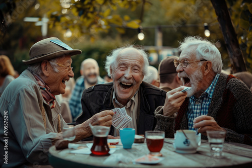 seniors holding cards, playing and laughing together