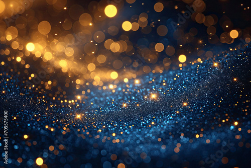 Glitter lights abstract background with gold particles. Defocused bokeh dark festive texture