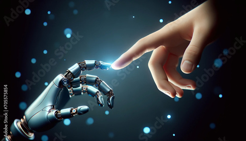 The human finger delicately touches the finger of a robot's metallic finger. Concept of harmonious coexistence of humans and AI technology.