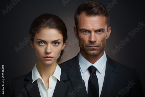 portrait of business people posing together on dark background. businessman and businesswoman