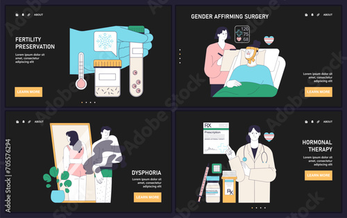 Gender transition process dark or night mode web or landing set. Gender-affirming therapy for transgender people. Gender dysphoria, hormone therapy, sex reassignment surgery. Flat vector illustration