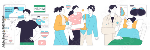 Gender transition consequences set. Gender-affirming therapy, positive and negative experience. Transgender person mental health, legalization, activism and discrimination. Flat vector illustration