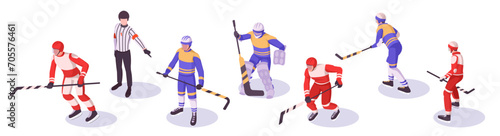 Group of hockey players of different team in various position wearing sport equipment and helmet playing game on winter championship. Isometric vector illustration