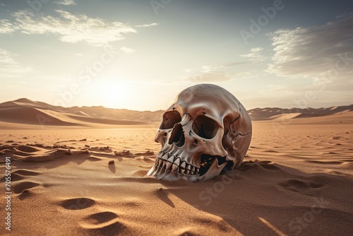 Ancient Human skull in desert. Dead head. Generate Ai © juliars