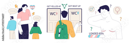 Gender transition pros and cons set. Gender-affirming therapy, positive and negative side. Transgender person mental health, legalization and discrimination. Flat vector illustration