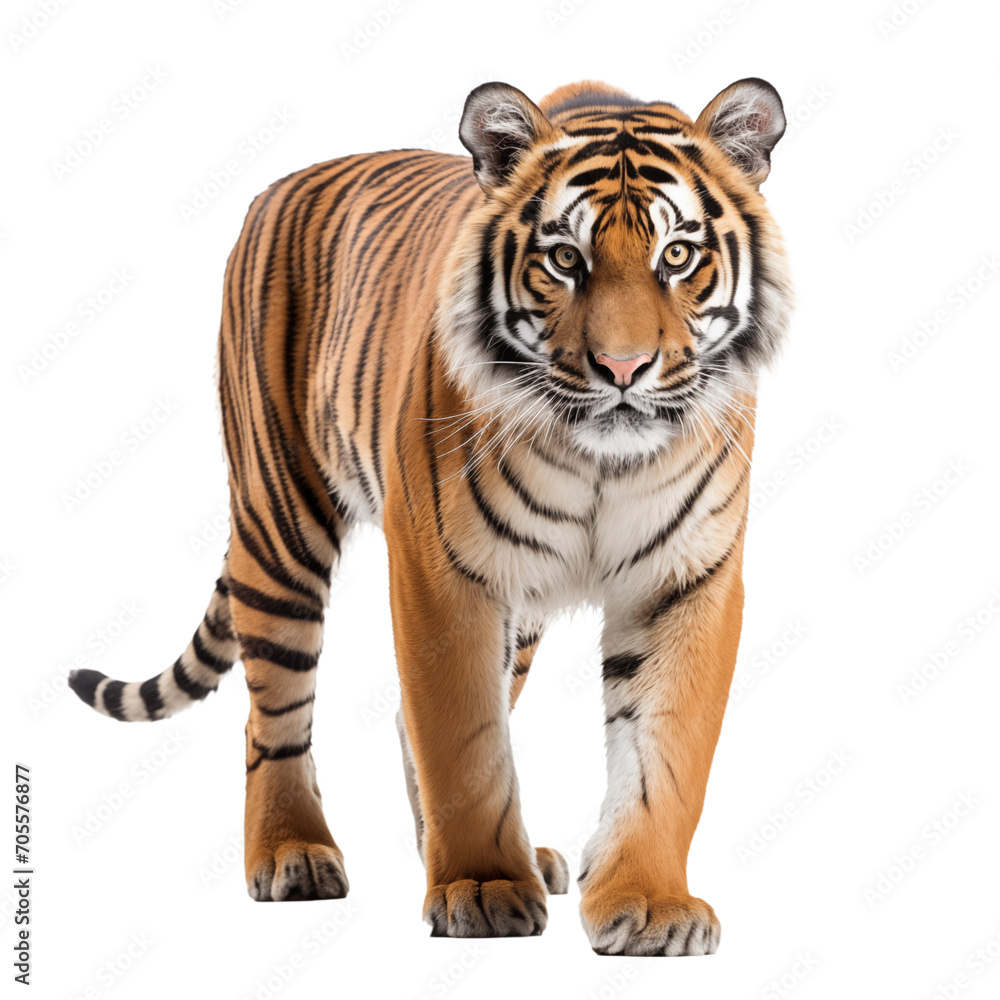Tiger prowling, approaching and looking at the camera, isolated