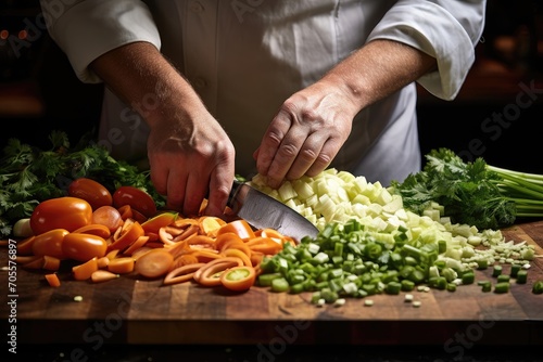 Chef finely chopping fresh vegetables on a wooden cutting board.