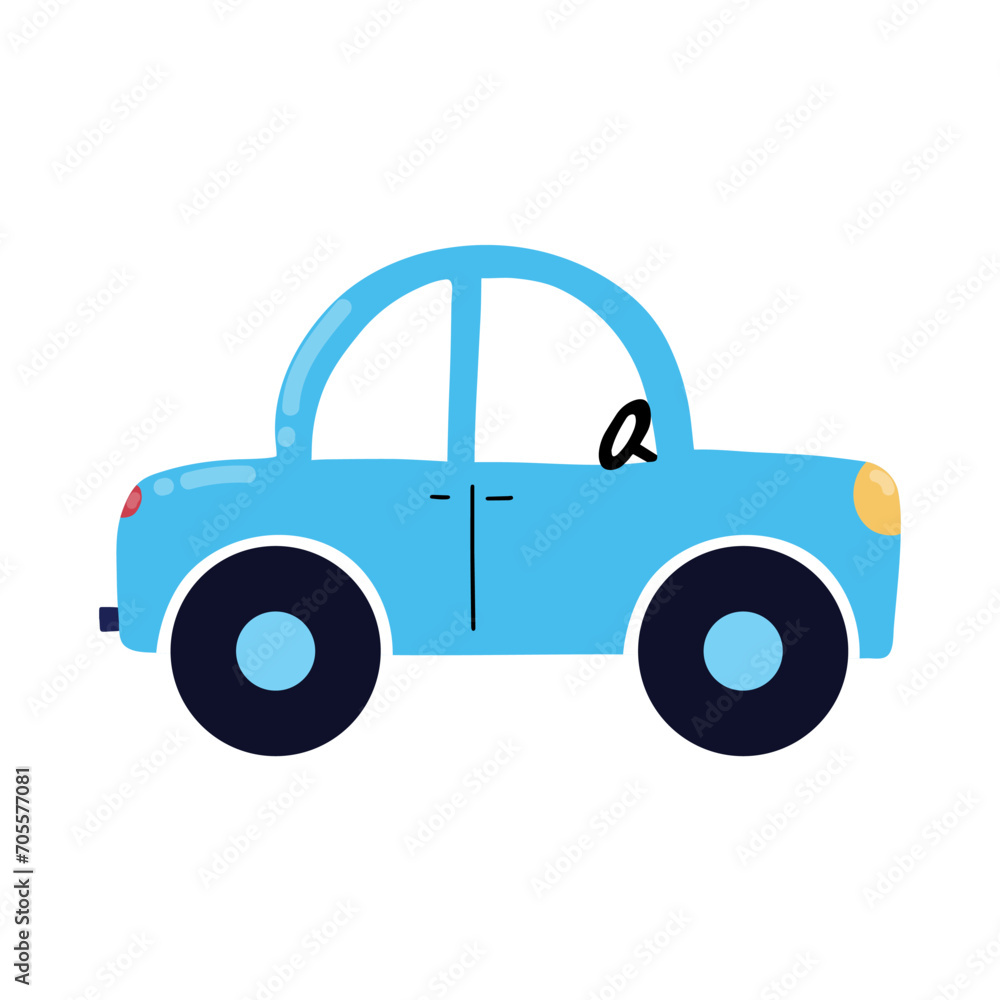 Cute doodle car in cartoon style for kids. Hand drawn  colorful vehicle isolated on white background. Vector illustration