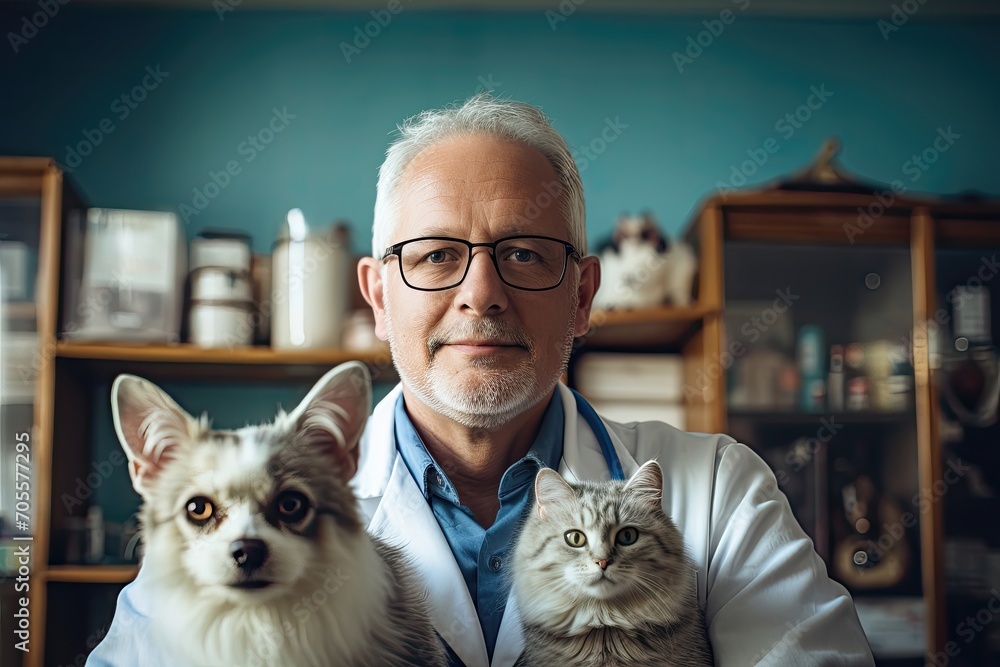 Veterinarian with a dog and cat in a clinic.