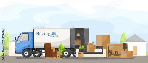 Moving company, furniture delivery service, outdoor package moving, van shipping, male courier, home box shipment. White house. Vector illustration