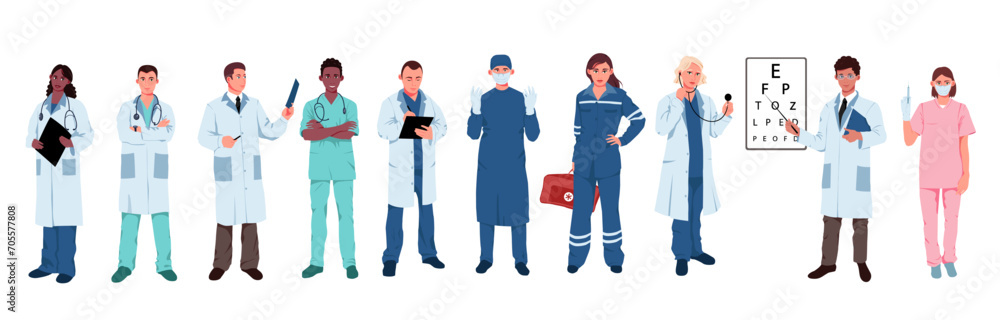 Group of doctor in white gown holding clipboard, male and female medic wearing uniform. Hospital employee standing in row. Pharmacist medicine. Emergency treatment concept. Vector illustration Group of doctor in white gown holding clipboard, male and female medic wearing uniform. Hospital employee standing in row. Pharmacist medicine. Emergency treatment concept. Vector illustration