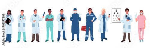 Group of doctor in white gown holding clipboard, male and female medic wearing uniform. Hospital employee standing in row. Pharmacist medicine. Emergency treatment concept. Vector illustration