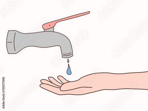 illustration of a hand with a water faucet that barely releases water. vector illustration.
