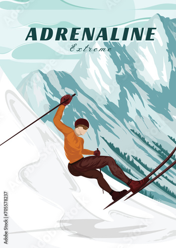 Men skier vintage poster design. Winter skiing in the mountain vintage poster illustration. Winter skiing travel poster
