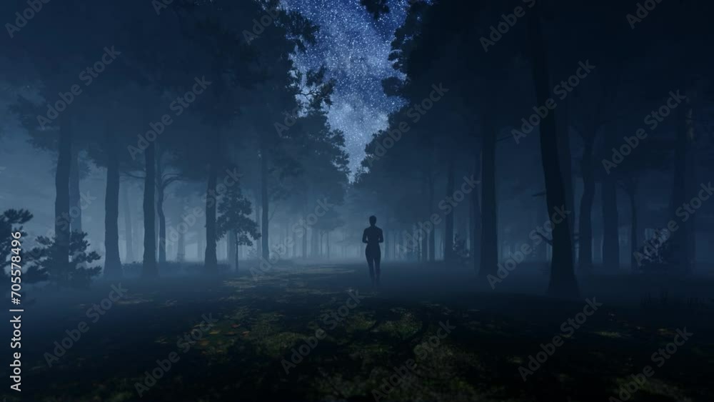 A woman jogging in the forest at nighttime, dark forest, and stars above A woman jogging in the forest at nighttime, dark forest, and stars above
