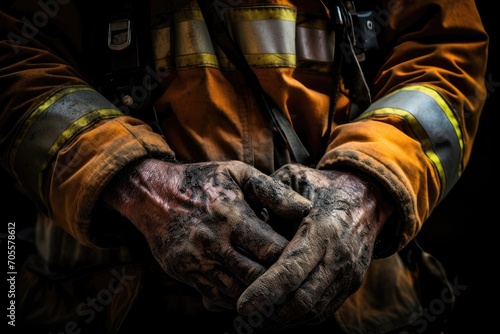 Firefighter's hands clasped, showing wear and soot.