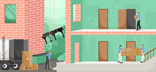 Moving company, delivery service, worker holding furniture at apartment on stairs and through window, outdoor package moving, van shipping, courier, home box shipment. Vector illustration