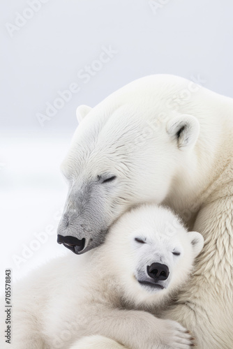 A polar bear with her cub, mother love and care in wildlife scene