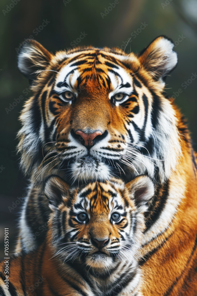 A tiger with her cub, mother love and care in wildlife scene A tiger with her cub, mother love and care in wildlife scene