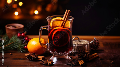 Mulled wine with spices on a wooden table, Christmas background