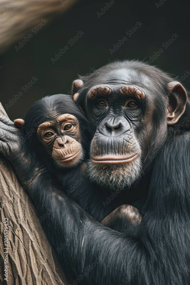 A chimpanzee with her cub, mother love and care in wildlife scene A chimpanzee with her cub, mother love and care in wildlife scene