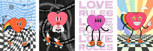 Happy Valentines Day groovy art typography poster. 70s retro heart characters. Romantic valentine holiday mascots on vintage hippy banner. Crazy hippie style placard. Trendy y2k abstract art design