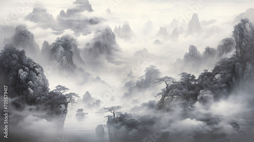 Black and white Chinese style ink style landscape painting  hand-painted national style artistic conception ink style landscape painting illustration