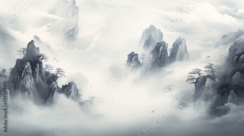 Black and white Chinese style ink style landscape painting, hand-painted national style artistic conception ink style landscape painting illustration