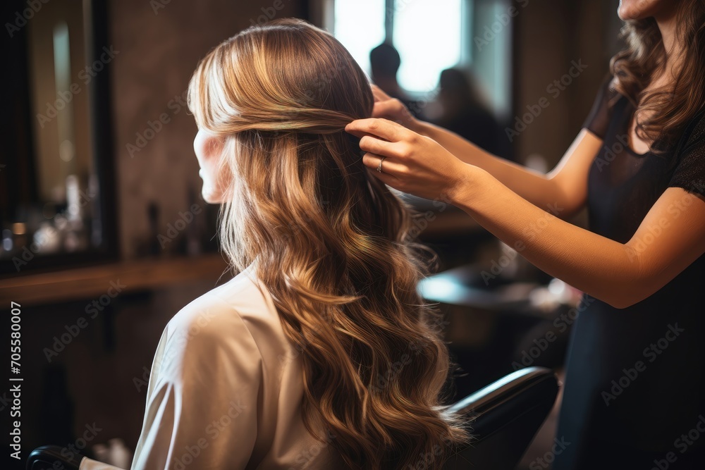 Naklejka premium Stylist working on client's hair in salon.