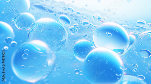 Air bubbles in water on blue background, transparent cosmetic blue bubbles concept illustration under water