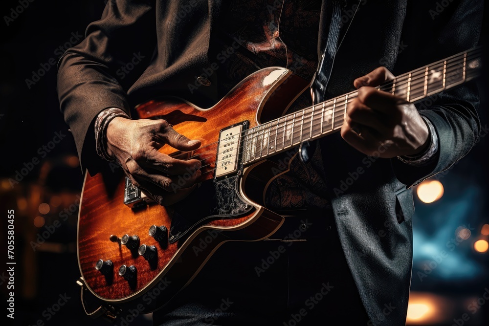 Obraz premium Guitarist playing an electric guitar with fiery background.