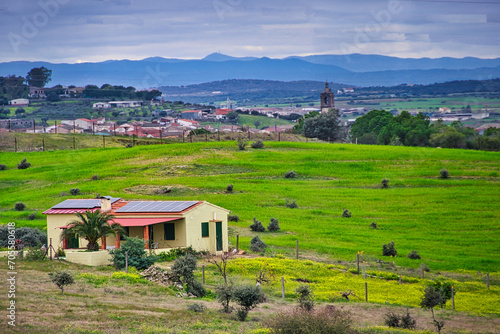 Landscape of farms and meadows in the vicinity of the town of Lagartera, Toledo (Spain).