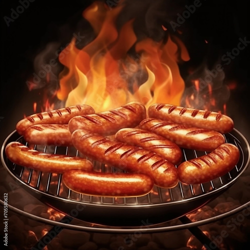 Delicious grilled sausages hot with smoke and fire on the grill