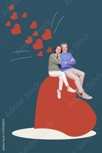 Creative poster collage of old couple hugging sit big heart valentine day dating concept weird freak bizarre unusual fantasy photo