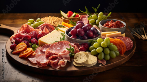 Antipasto platter with ham, salami, cheese and grapes