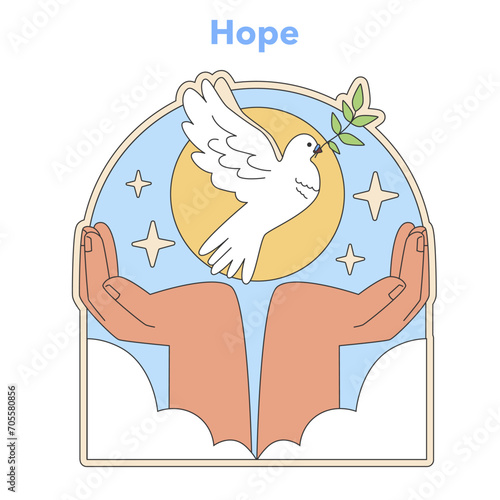 Hope concept illustration. Open hands releasing a dove, the universal symbol of peace and goodwill, against a dawn sky. Emblematic of spiritual freedom and faith. Flat vector illustration