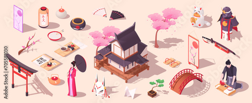 Traditional oriental japanese ancient house with sakura tree. Cultural elements. Asian tradition. Samurai katana and armour, japan food, geisha, bridge, lantern, arch. Isometric vector illustration