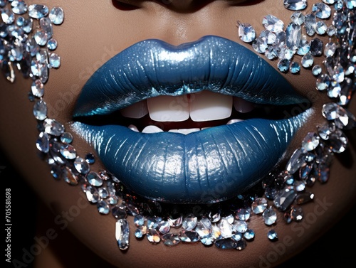 Sexy lips covered with blue lipstick and decorated with rhinestone crystals. AI