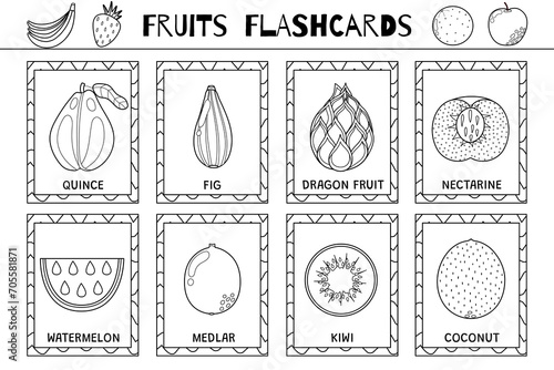 Fruits flashcards black and white collection. Healthy food flash cards set for coloring school and preschool. Dragon fruit, kiwi, coconut and more. Vector illustration