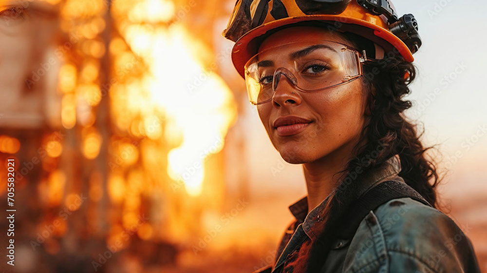 Portrait of empowered female worker at oil rig. Generative AI image Portrait of empowered female worker at oil rig. Generative AI image