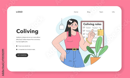 Co-living web banner or landing page. Friends or roommates living together. Characters hang out dormitory or student apartment. Joint living in friends company. Flat vector illustration.