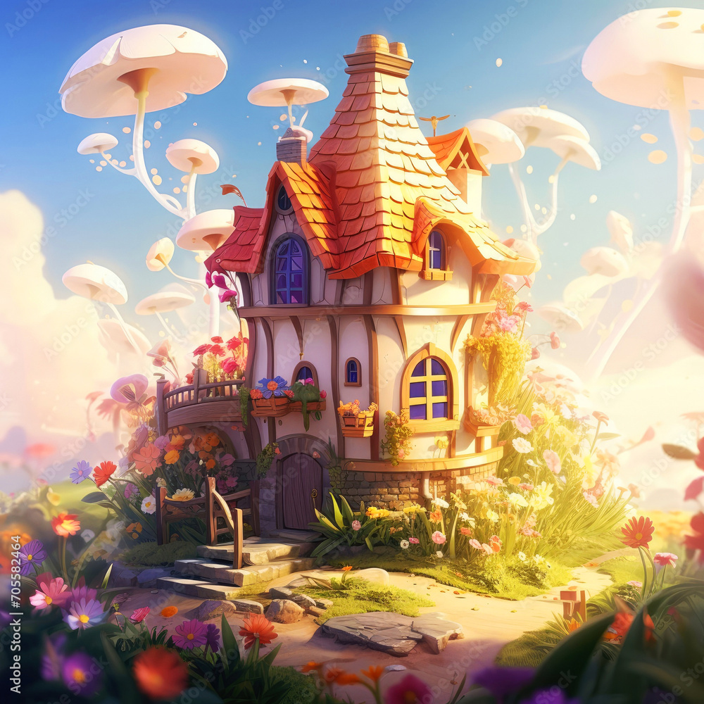 Fabulous fantasy palace with mushrooms. Bright sunny day, meadow with flowers