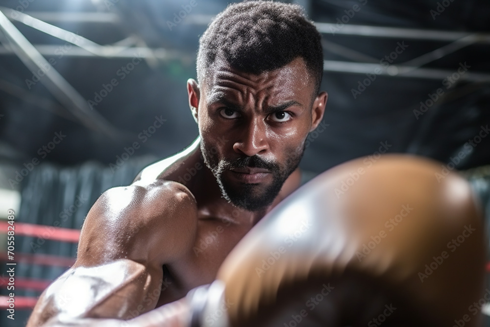 Generative AI image of an African American male boxer defending with gloves up, showcasing agility and readiness in the boxing ring Generative AI image of an African American male boxer defending with gloves up, showcasing agility and readiness in the boxing ring